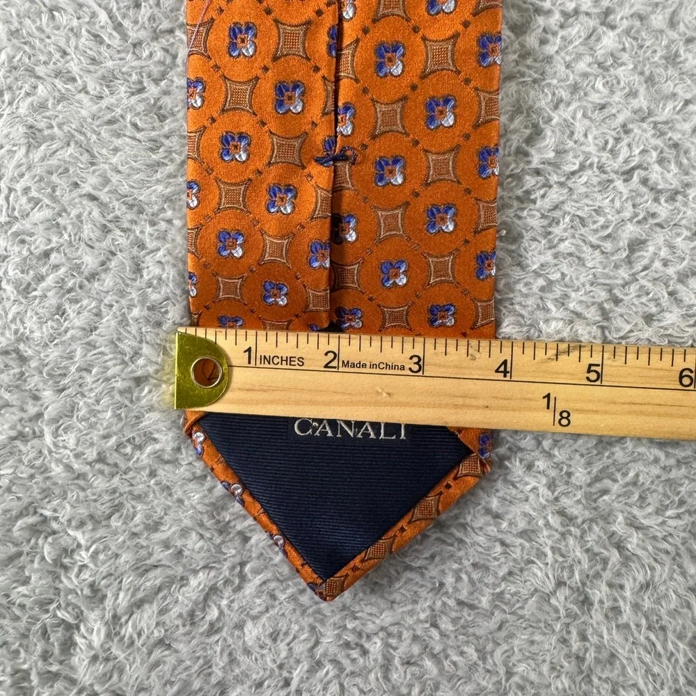 Canali Mens Silk Tie Orange Blue Geometric Floral Medallion Made in Italy